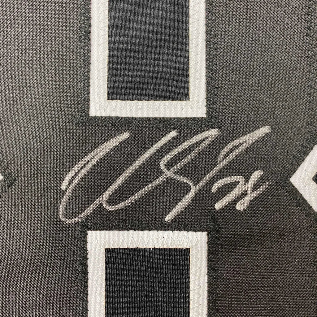 Gray fabric with white borders and signature on Philadelphia Black custom jersey