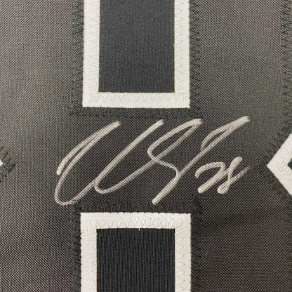 Gray fabric with white borders and signature on Philadelphia Black custom jersey