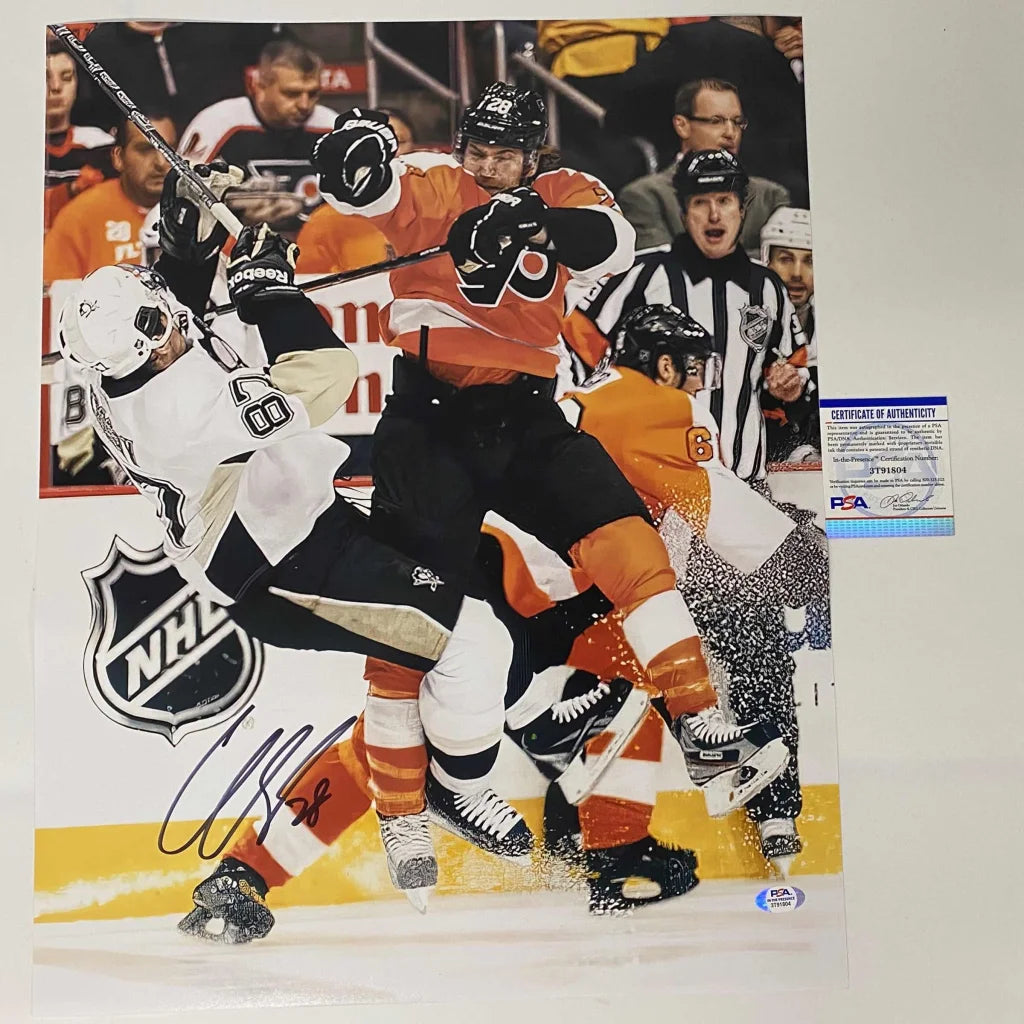 Autographed Claude Giroux Philadelphia Flyers Sidney Crosby Hit 16x20 Hockey Photo PSA/DNA COA | Hall of Fame Sports Memorabilia | vintageantiquesgifts.com