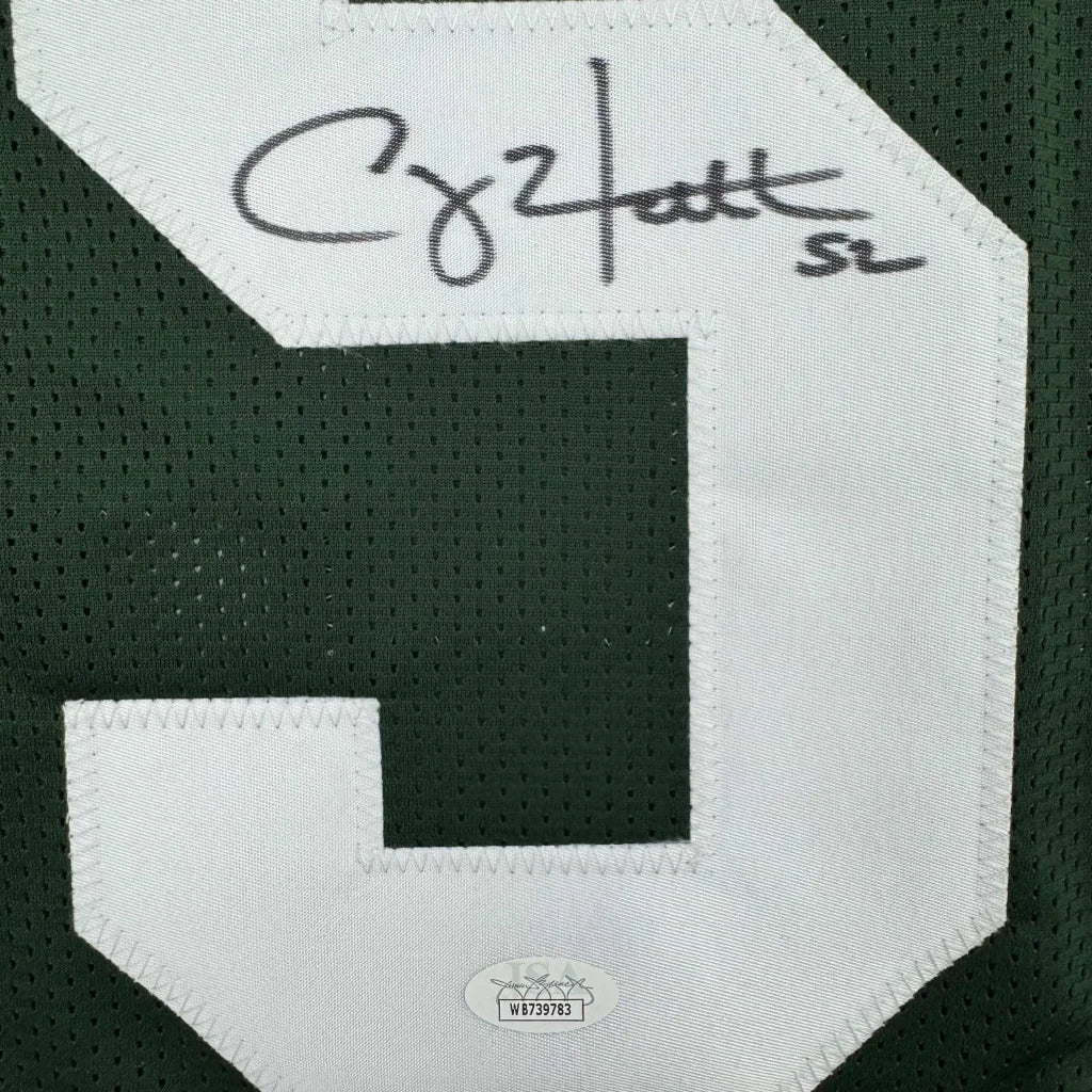 Autographed Clay Matthews Green Bay Packers green custom jersey with Cy Young signature, JSA COA