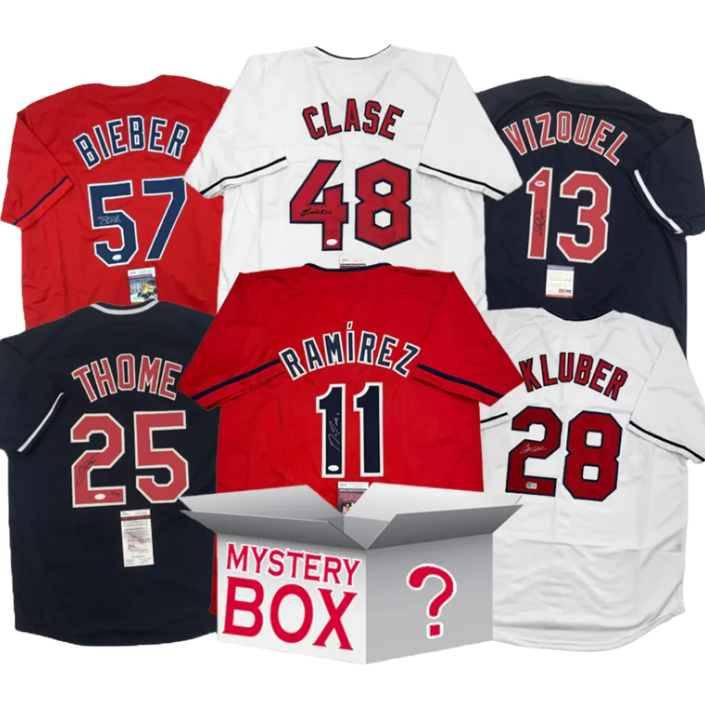 Six autographed Cleveland baseball jerseys in red, white, navy blue