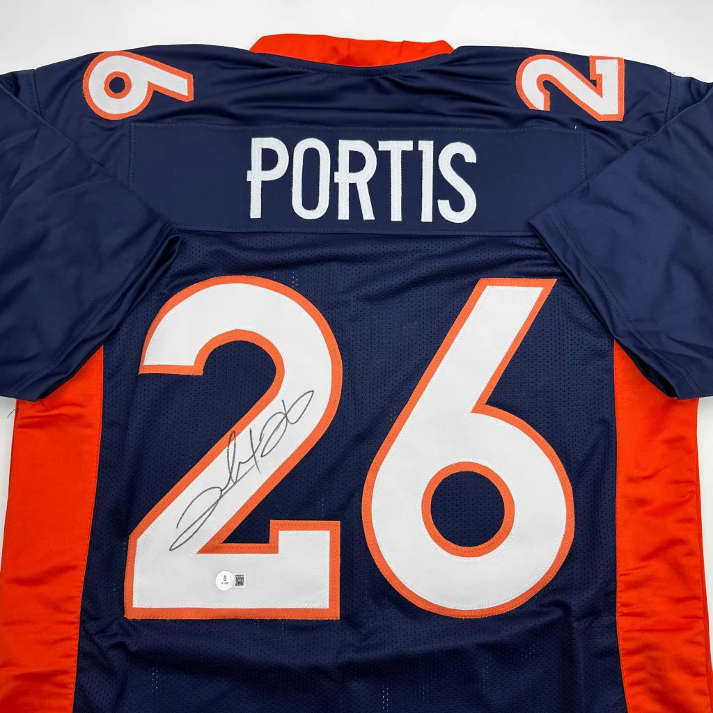 Autographed Clinton Portis navy blue Denver Broncos custom jersey with orange accents, white 26, signed by player, Beckett BAS COA