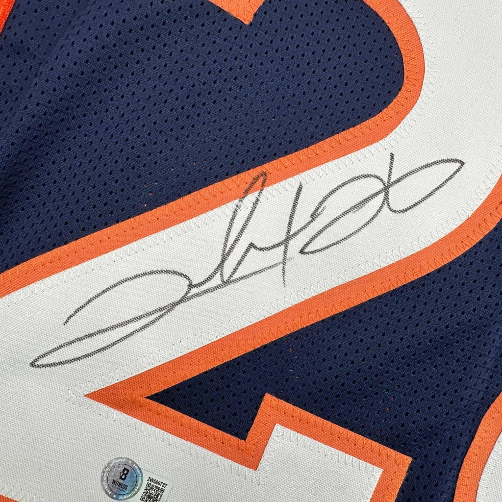 Autographed Clinton Portis Denver Broncos custom jersey in navy blue and orange mesh with white stripe, professional sports league football