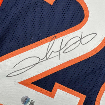 Autographed Clinton Portis Denver Broncos custom jersey in navy blue and orange mesh with white stripe, professional sports league football