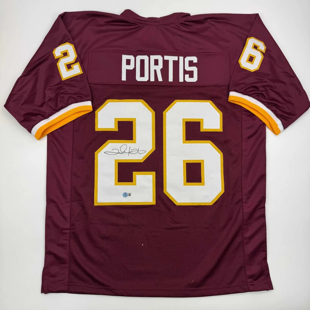 Maroon custom jersey with PORTIS 26 autograph, authentic sticker, perfect for sports fans