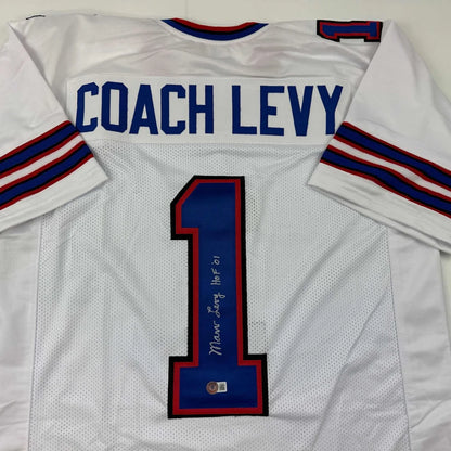 Autographed Coach Marv Levy HOF 01 Buffalo White Football Jersey Beckett BAS COA | Certified Authentic Signed Memorabilia | vintageantiquesgifts.com
