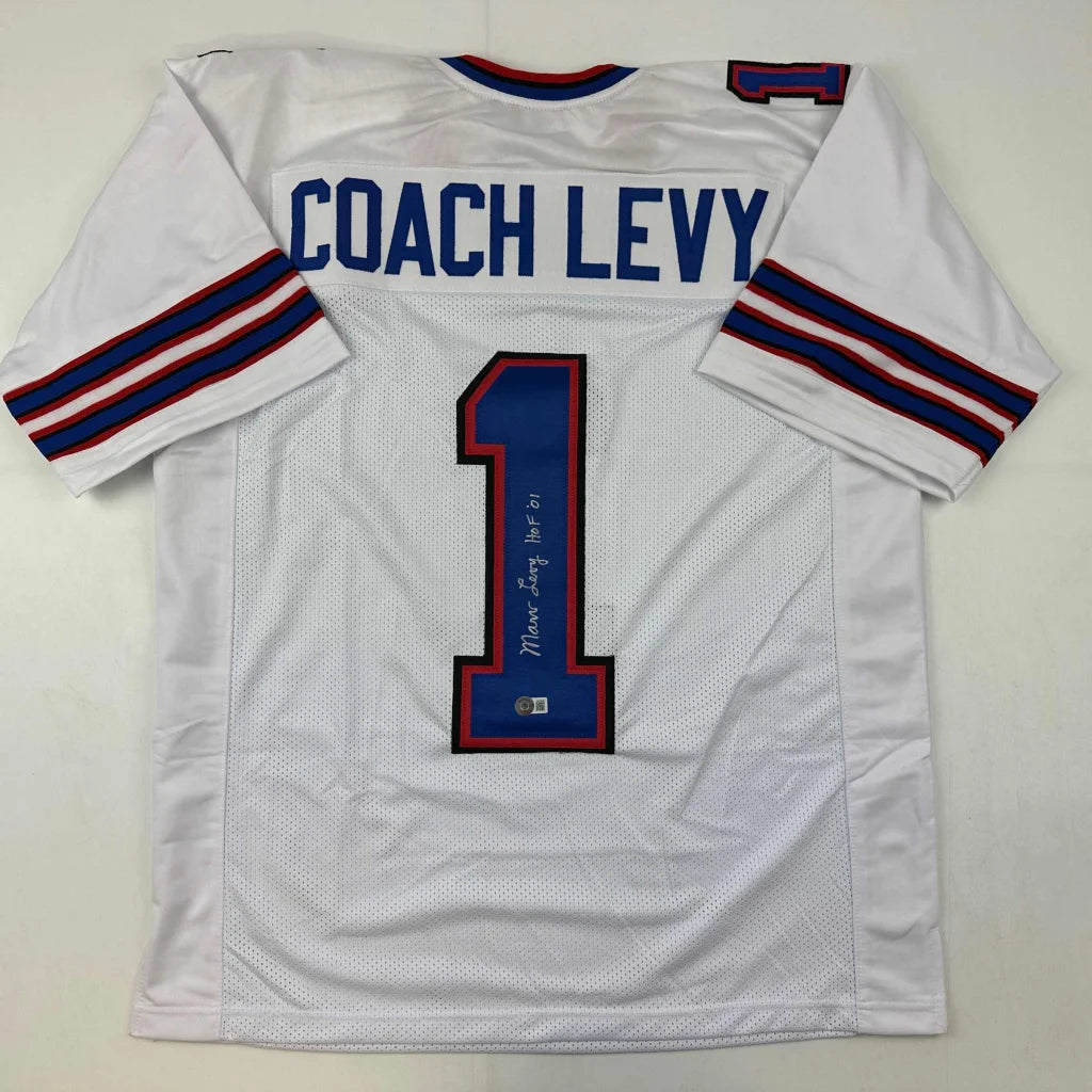 Autographed Coach Marv Levy HOF 01 Buffalo White Football Jersey Beckett BAS COA | Hall of Fame Sports Memorabilia | vintageantiquesgifts.com