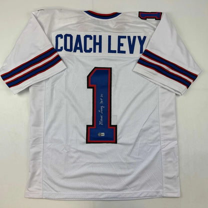 Autographed Coach Marv Levy HOF 01 Buffalo White Football Jersey Beckett BAS COA | Hall of Fame Sports Memorabilia | vintageantiquesgifts.com