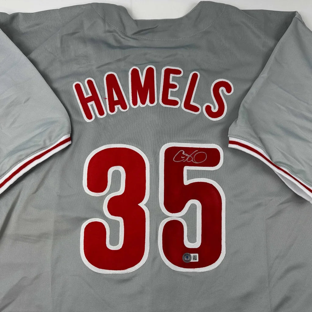 Autographed Cole Hamels Philadelphia Grey Baseball Jersey Beckett BAS COA | Certified Authentic Signed Memorabilia | vintageantiquesgifts.com