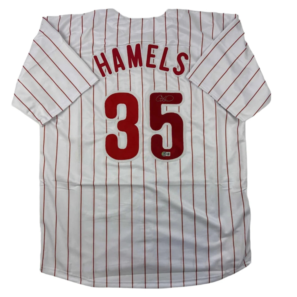 White Cole Hamels Philadelphia pinstripe professional sports jersey with 35 on back