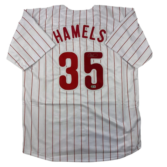 White Cole Hamels Philadelphia pinstripe professional sports jersey with 35 on back