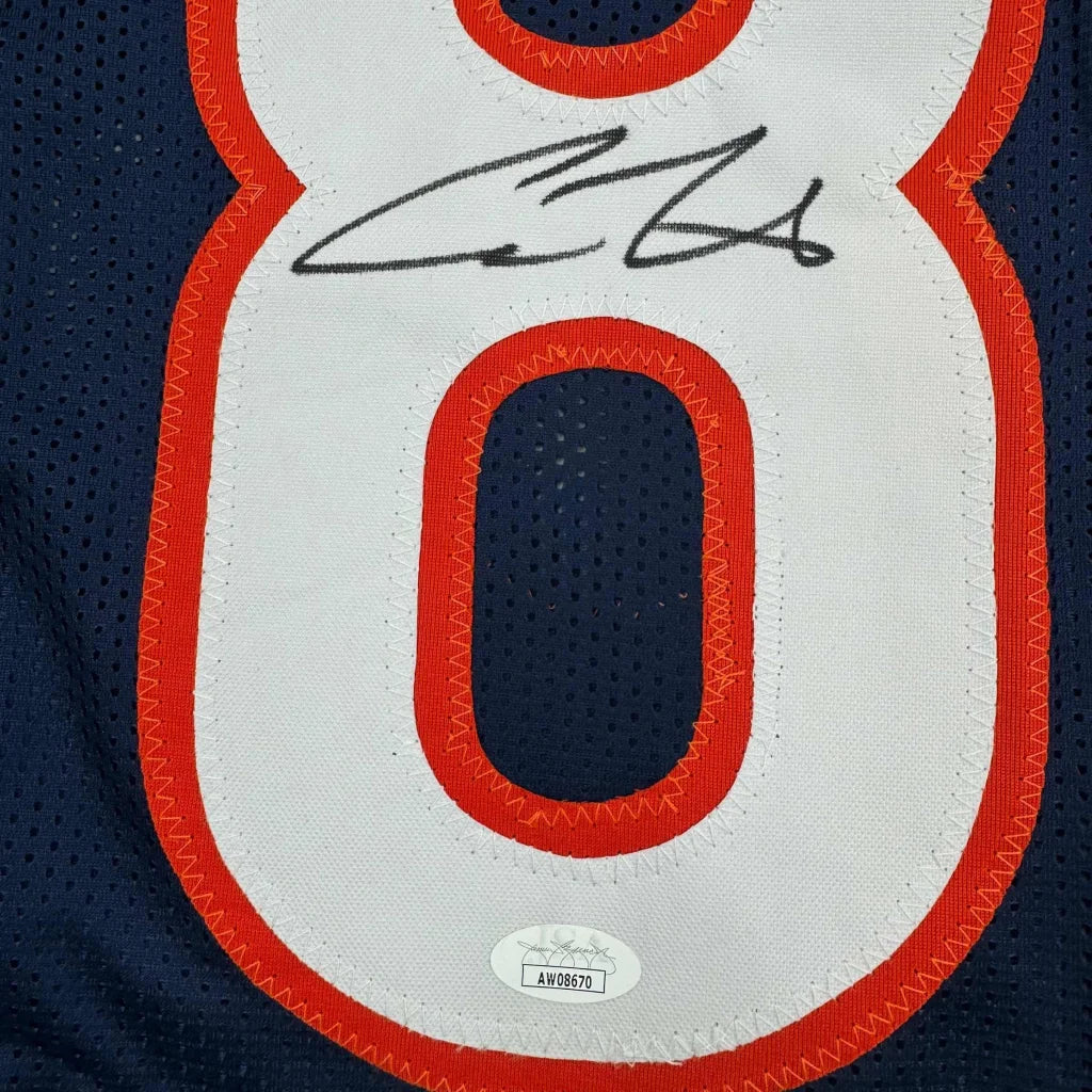Autographed cole kmet chicago blue custom football jersey with orange trim and bold number 8 in professional sports league style