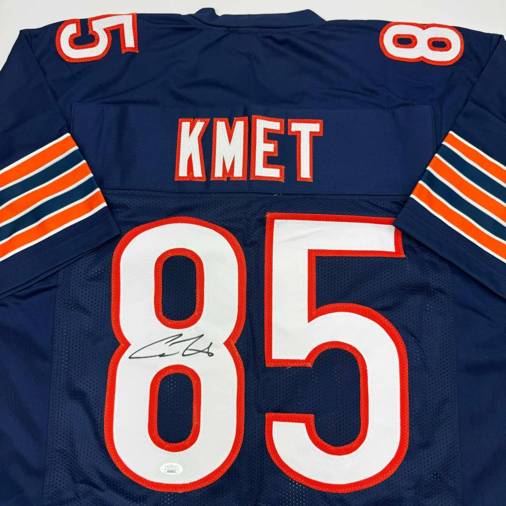Back of navy blue chicago bears custom jersey with white and orange numerals kmet in red and signed number 85 professional sports league