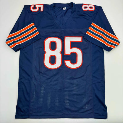 Autographed Cole Kmet Chicago blue football jersey with white orange numerals mesh front and striped sleeves custom jersey professional sports league