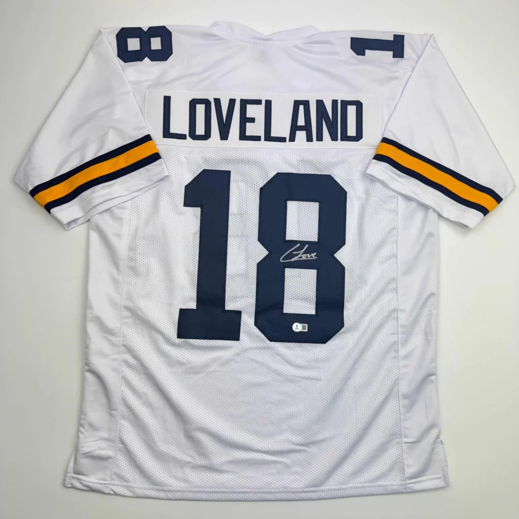 Autographed/Signed Colston Loveland Michigan White College Football Jersey Beckett BAS COA