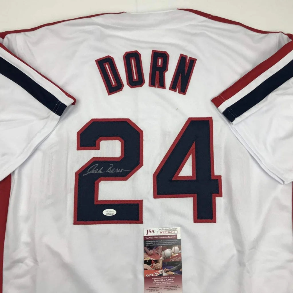 Autographed white baseball jersey with DORN 24 from professional sports league custom jersey