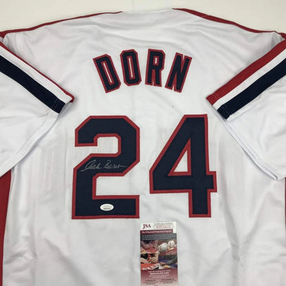 Autographed white baseball jersey with DORN 24 from professional sports league custom jersey