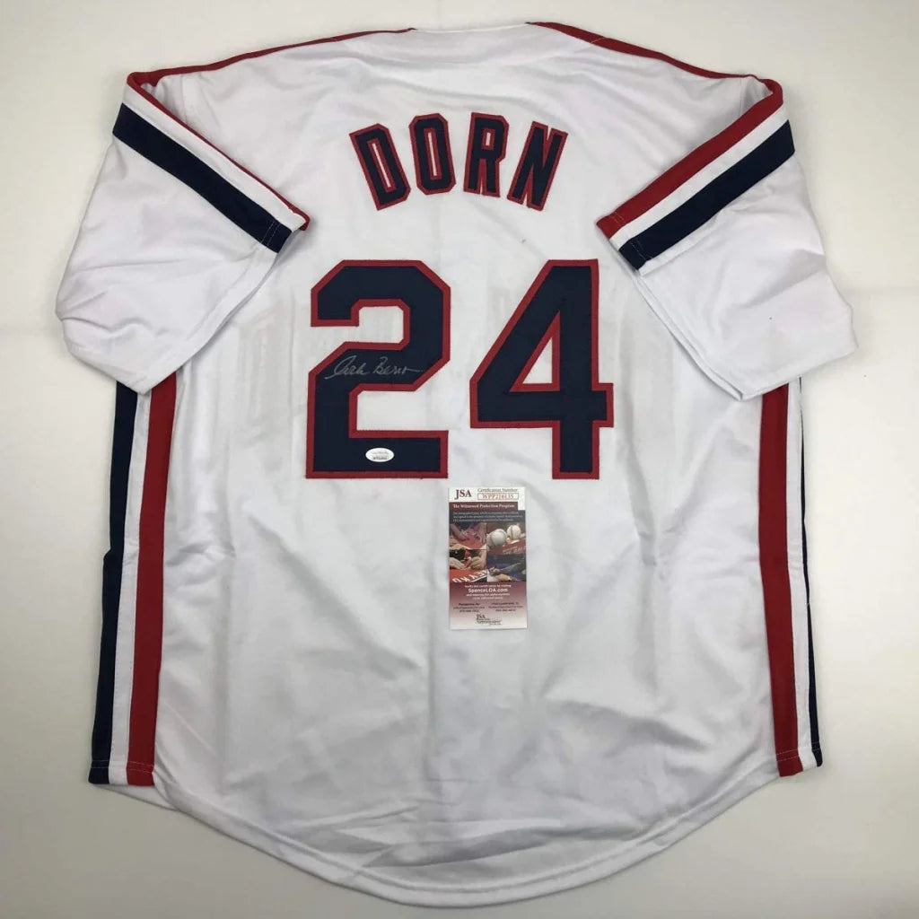 White professional sports league custom jersey with DORN 24 signature and red navy accents