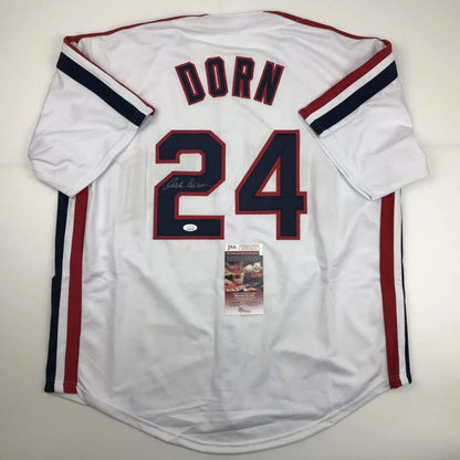 White professional sports league custom jersey with DORN 24 signature and red navy accents