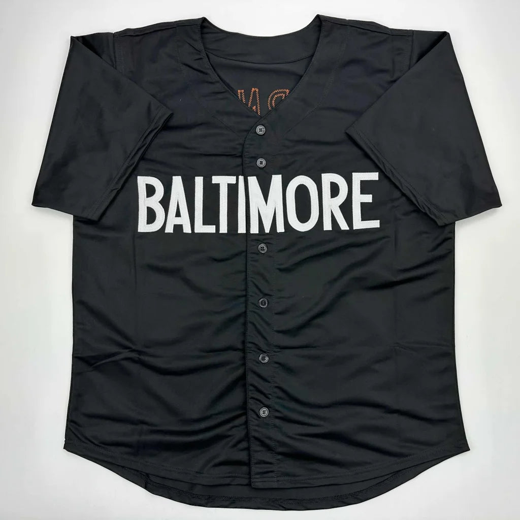 Black short-sleeve custom jersey with BALTIMORE in white for professional sports fans