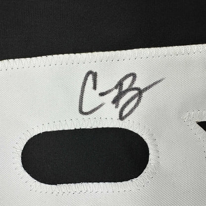 White fabric face mask with black stitching and autograph from the Unique Custom Jersey Collection beyond Professional Sports League Gear
