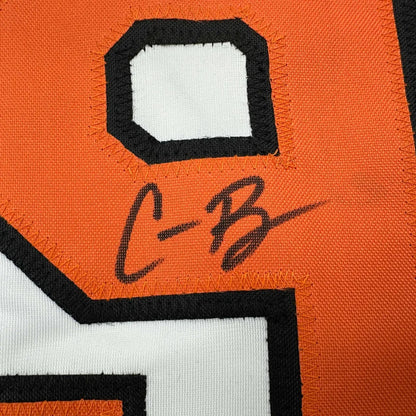 Orange black number eight patch on Corbin Burnes autographed custom jersey