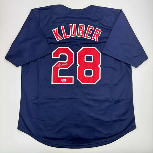 Navy blue custom jersey with Kluber 28 autograph for professional sports collectors