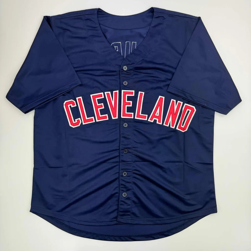 Navy blue custom jersey with red and white lettering for professional sports league fans
