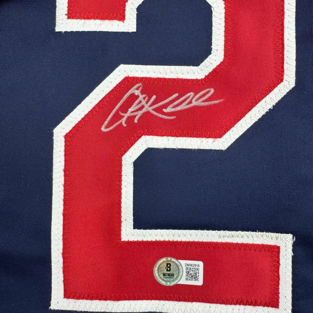 Navy blue custom jersey with red white number 2 and silver autograph for professional sports fans