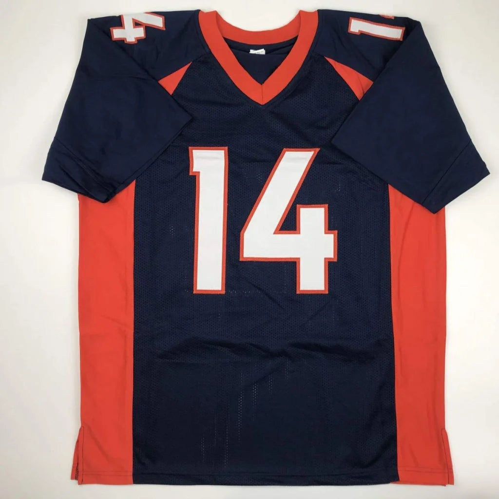 Custom navy blue and orange professional sports jersey featuring autographed number 14 from Denver football league