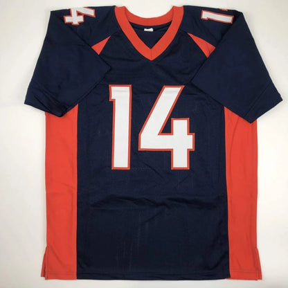Custom navy blue and orange professional sports jersey featuring autographed number 14 from Denver football league
