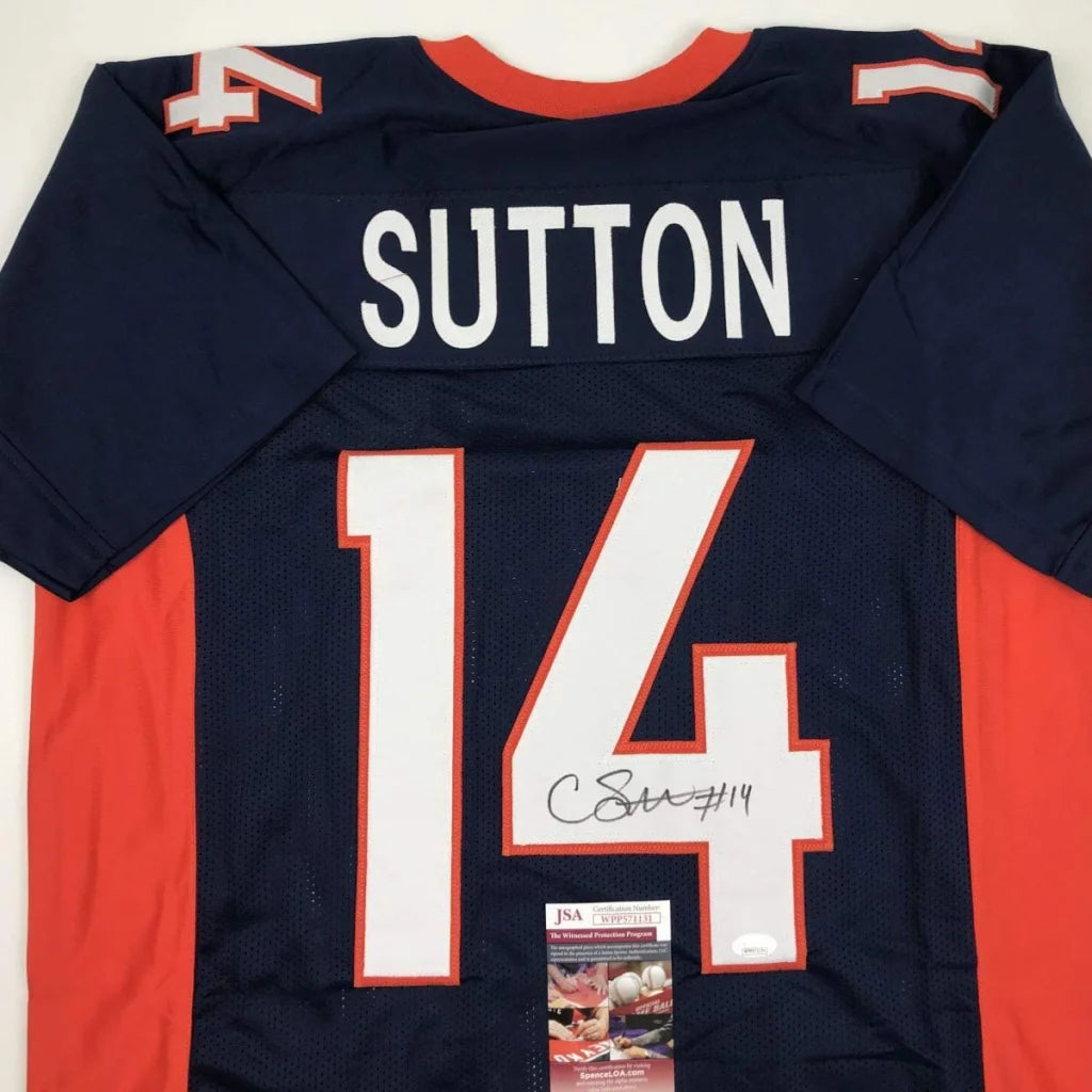 Autographed navy blue and orange courtland sutton football jersey with white number 14 signed for professional sports league