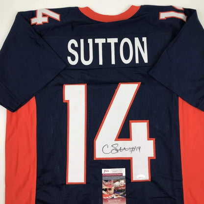 Autographed navy blue and orange courtland sutton football jersey with white number 14 signed for professional sports league