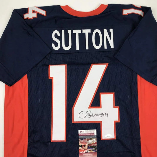 Autographed navy blue and orange courtland sutton football jersey with white number 14 signed for professional sports league