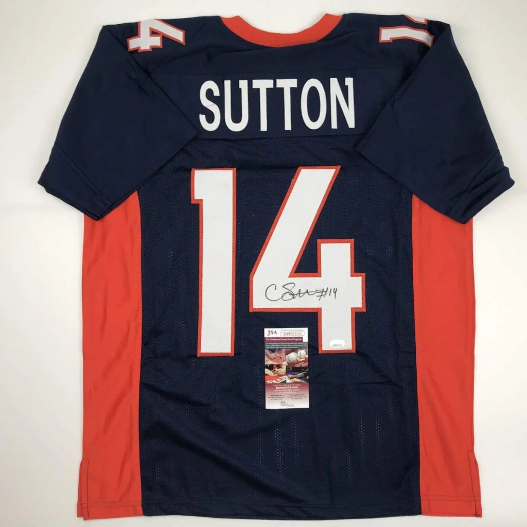 Navy blue and orange custom football jersey signed by courtland sutton number 14 from a professional sports league