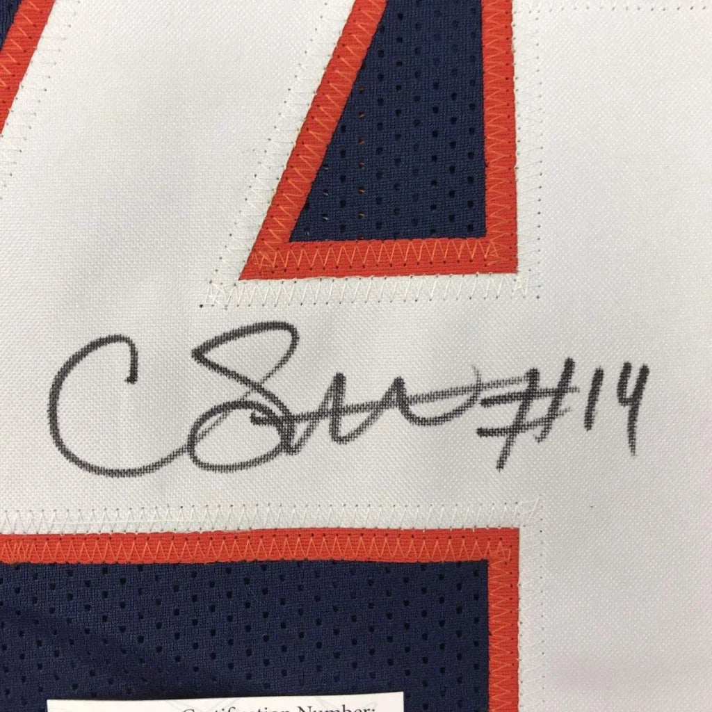 White and navy blue mesh custom jersey with orange trim, autographed number 14 for professional sports league use
