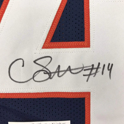 White and navy blue mesh custom jersey with orange trim, autographed number 14 for professional sports league use