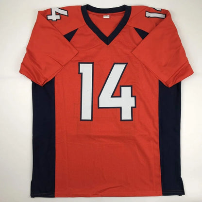 Autographed courtland sutton denver orange custom football jersey with navy blue accents and white number 14 from professional sports league