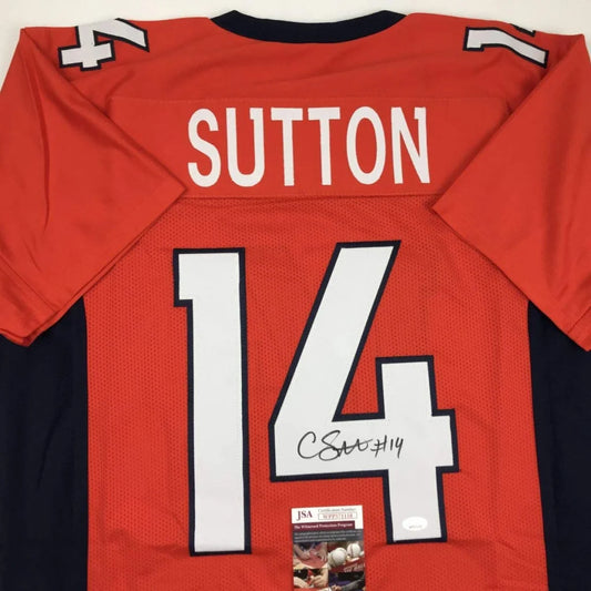 Back of a red and navy blue custom courtland sutton football jersey with white lettering and number 14 from a professional sports league