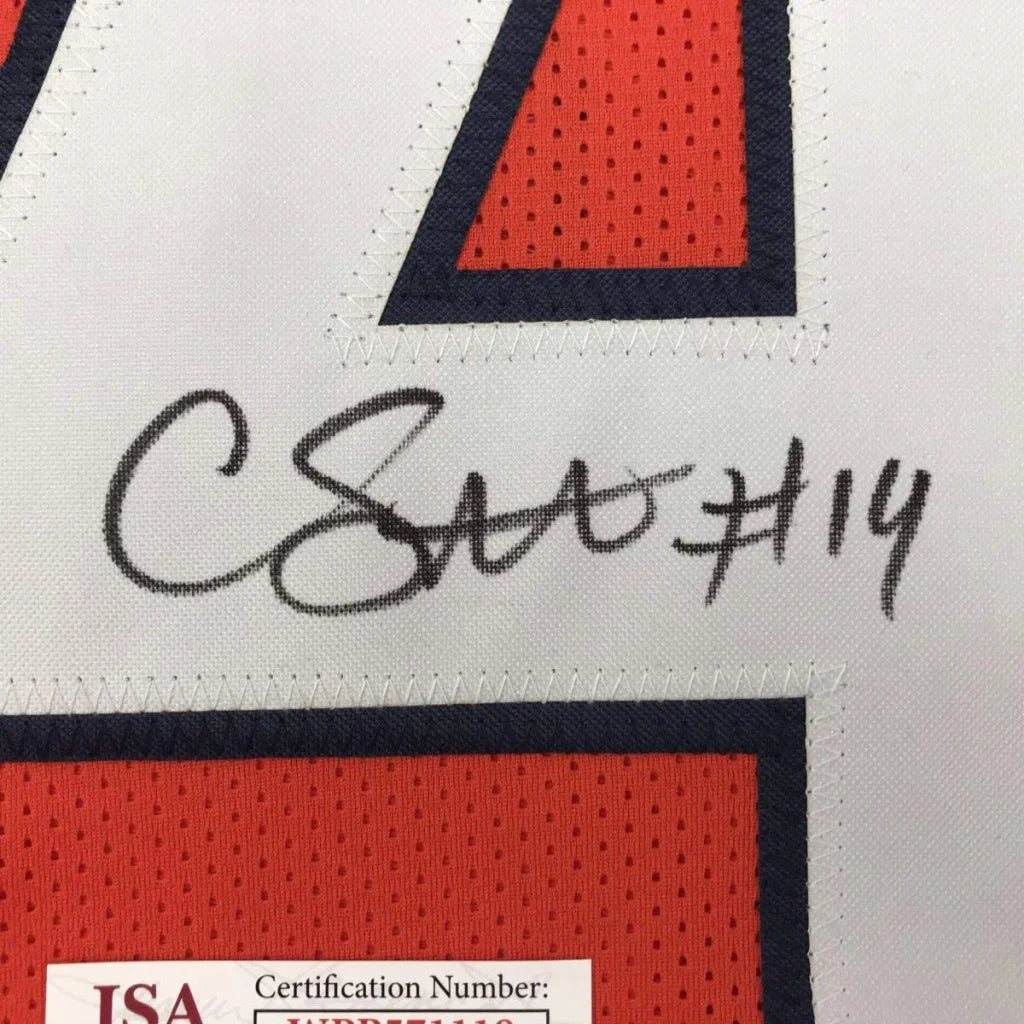 Autographed custom white and orange courtland sutton jersey with navy trim and number 14 for professional sports league fans