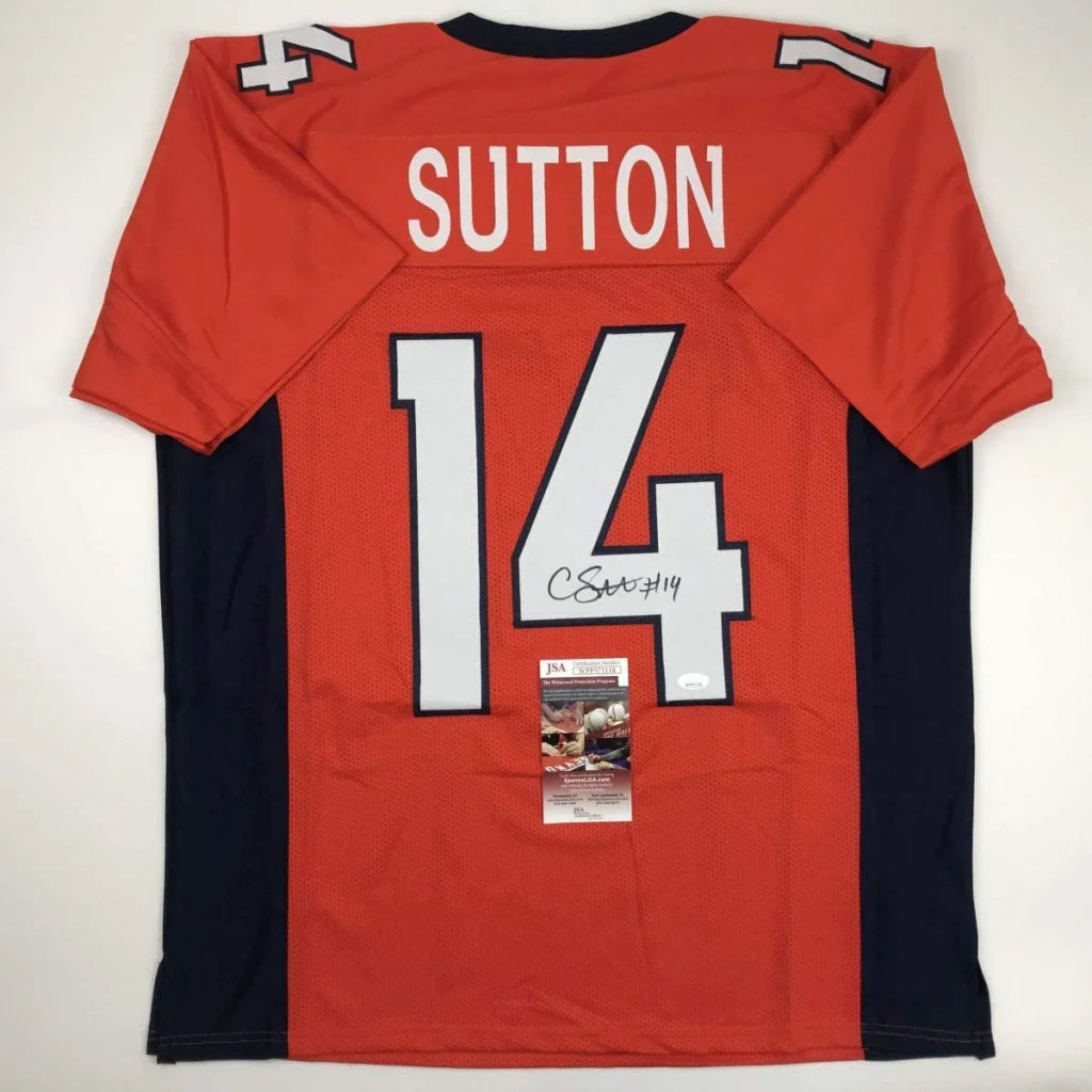 Red and navy blue custom denver broncos jersey signed by courtland sutton with white number 14 from professional sports league
