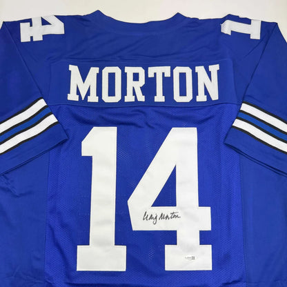 Autographed Craig Morton Dallas Blue Football Jersey JSA COA | Certified Authentic Signed Memorabilia | vintageantiquesgifts.com