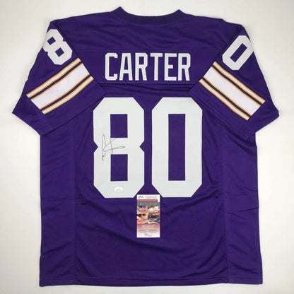 Purple Cris Carter Minnesota custom jersey with signature and JSA COA alt text