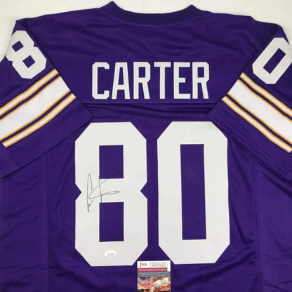 Purple Cris Carter Minnesota custom jersey with JSA COA signature and Carter name