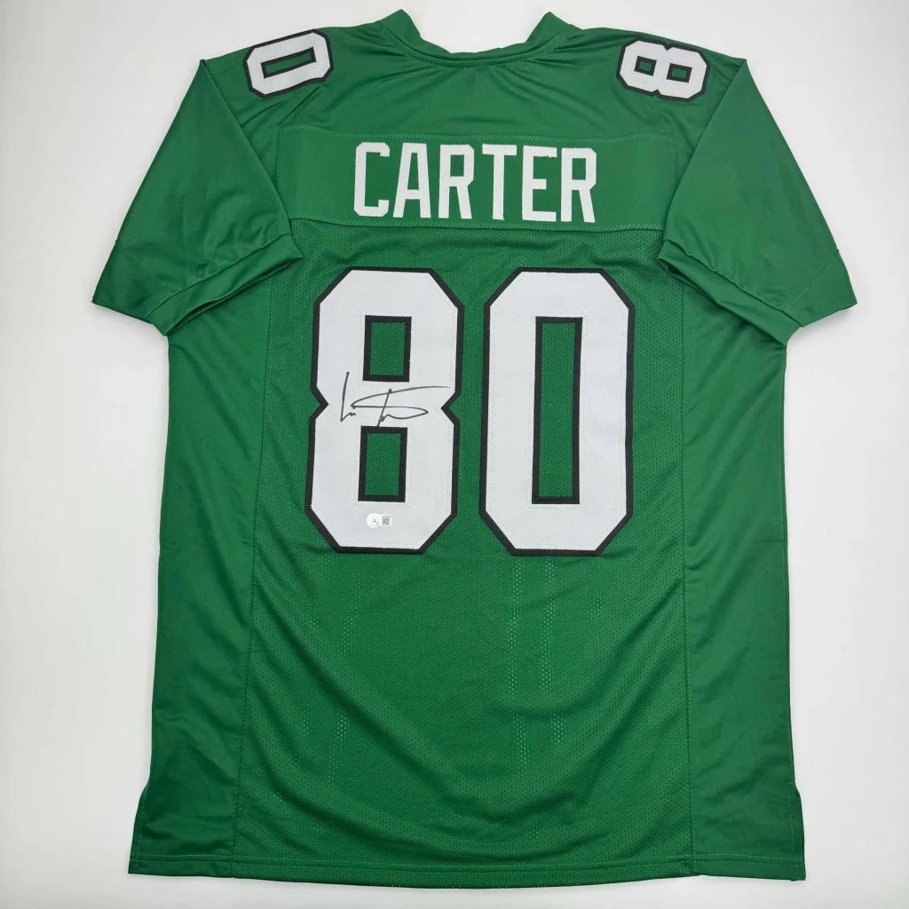 Autographed Cris Carter Philadelphia Kelly Green Football Jersey Beckett BAS COA | Hall of Fame Sports Memorabilia | vintageantiquesgifts.com