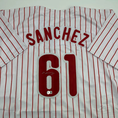 Autographed Cristopher Sanchez Philadelphia Pinstripe Baseball Jersey Beckett BAS COA | Certified Authentic Signed Memorabilia | vintageantiquesgifts.com