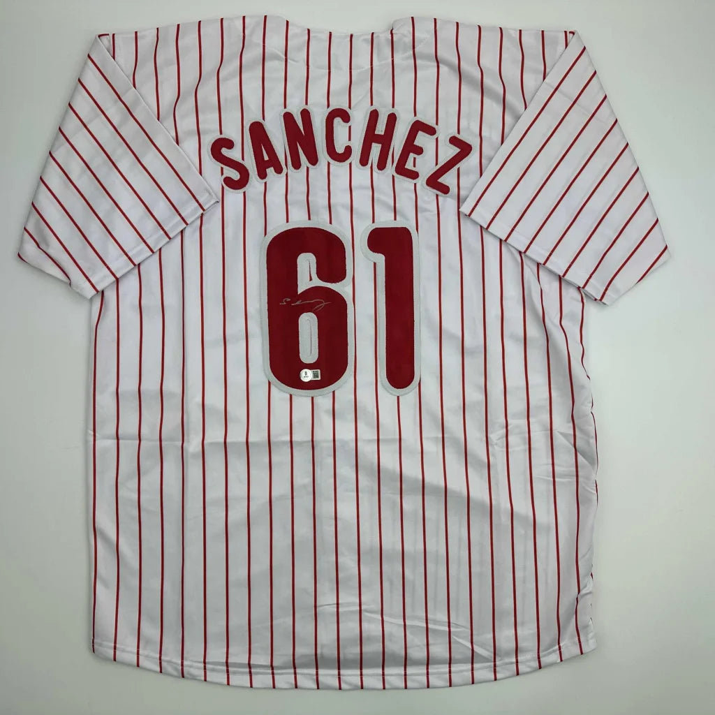 Autographed Cristopher Sanchez Philadelphia Pinstripe Baseball Jersey Beckett BAS COA | Hall of Fame Sports Memorabilia | vintageantiquesgifts.com
