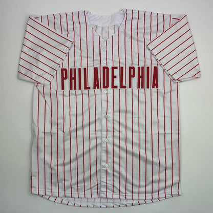 Autographed Cristopher Sanchez Philadelphia Pinstripe Baseball Jersey Beckett BAS COA | Authenticated Signed Sports Jersey | vintageantiquesgifts.com