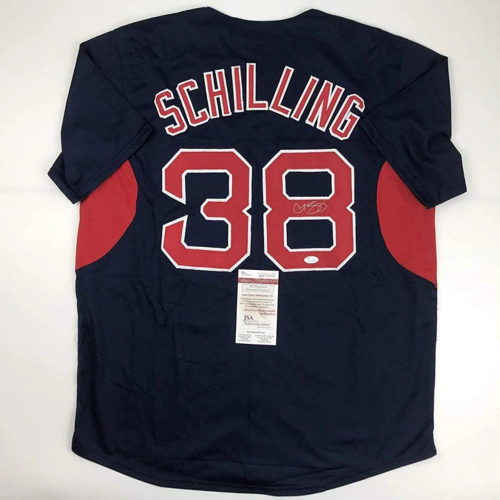 Autographed Curt Schilling navy blue custom jersey back, number 38, JSA COA