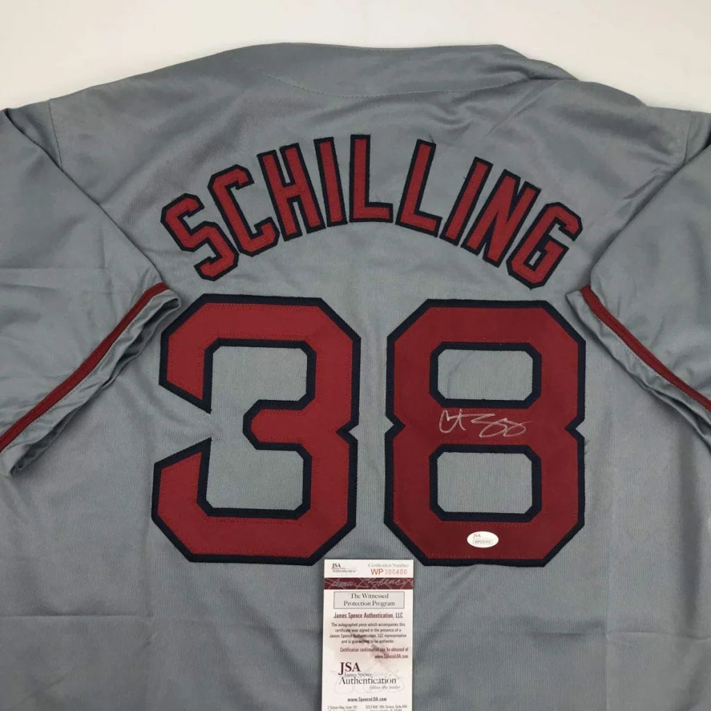 Gray custom jersey from Professional Sports League with Schilling 38 autographed and JSA sticker